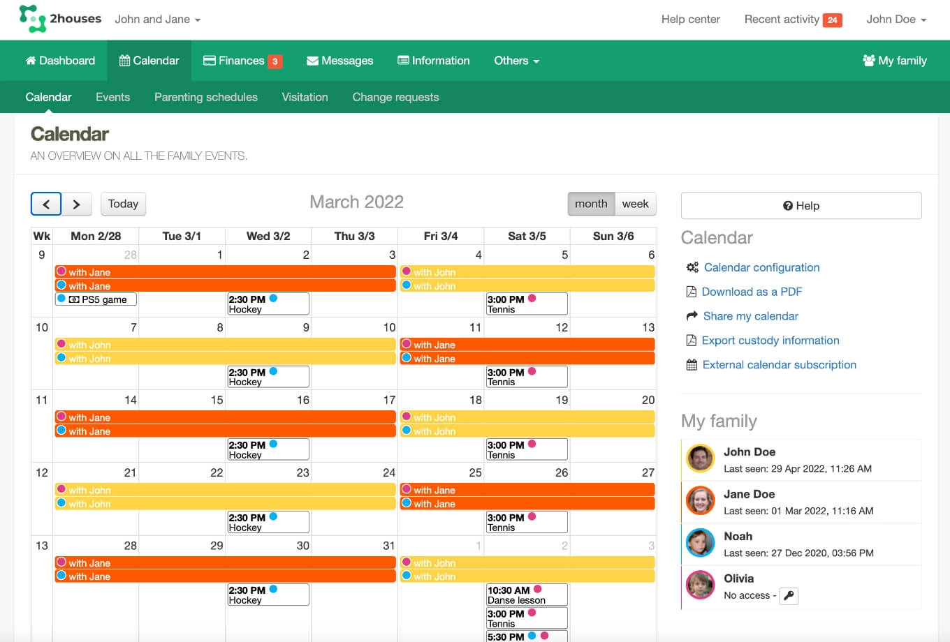 2houses communication app for co-parents image of shared calendar